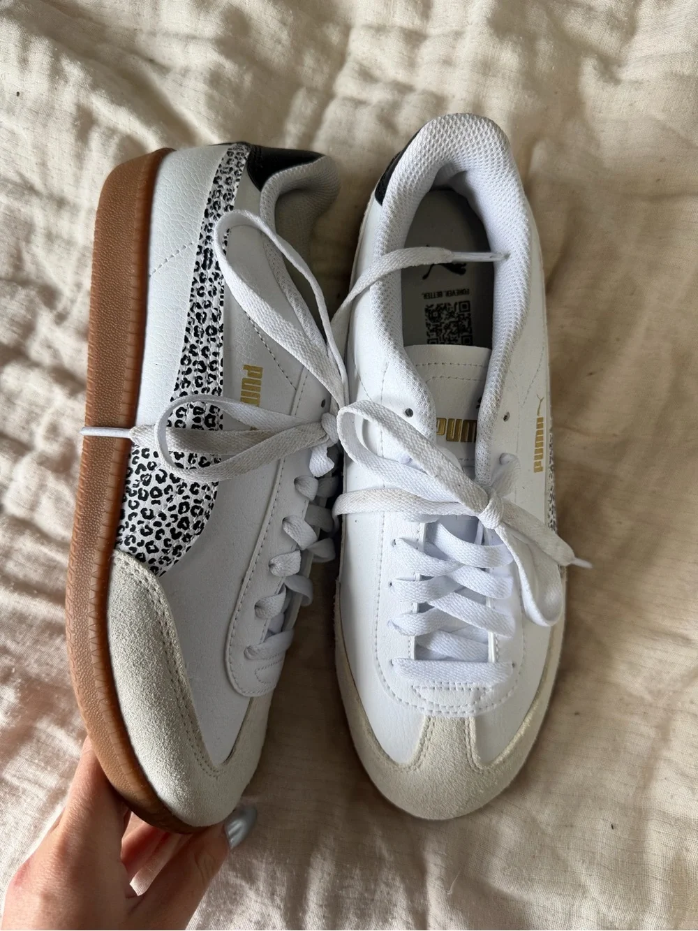 White Women's Athletic Sneakers with Gum Sole and Leopard Accent